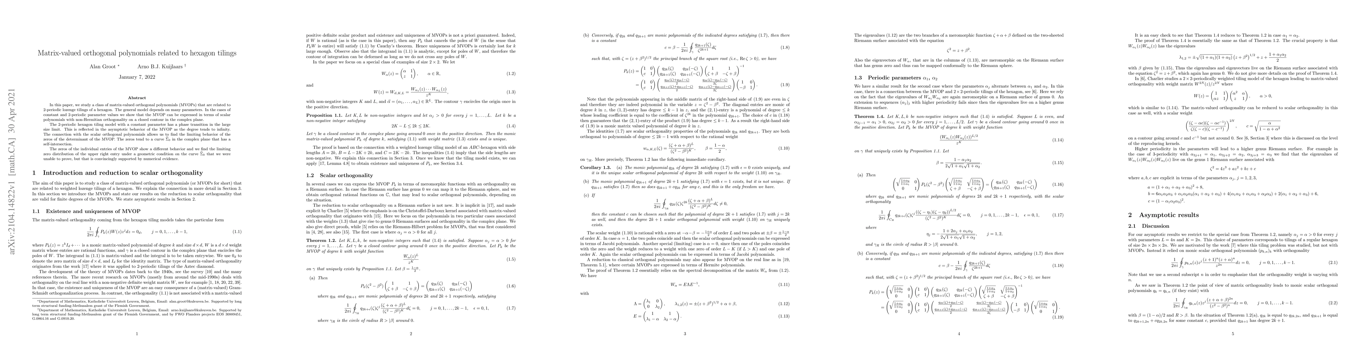 Thumbnail for Matrix-valued orthogonal polynomials related to hexagon tilings