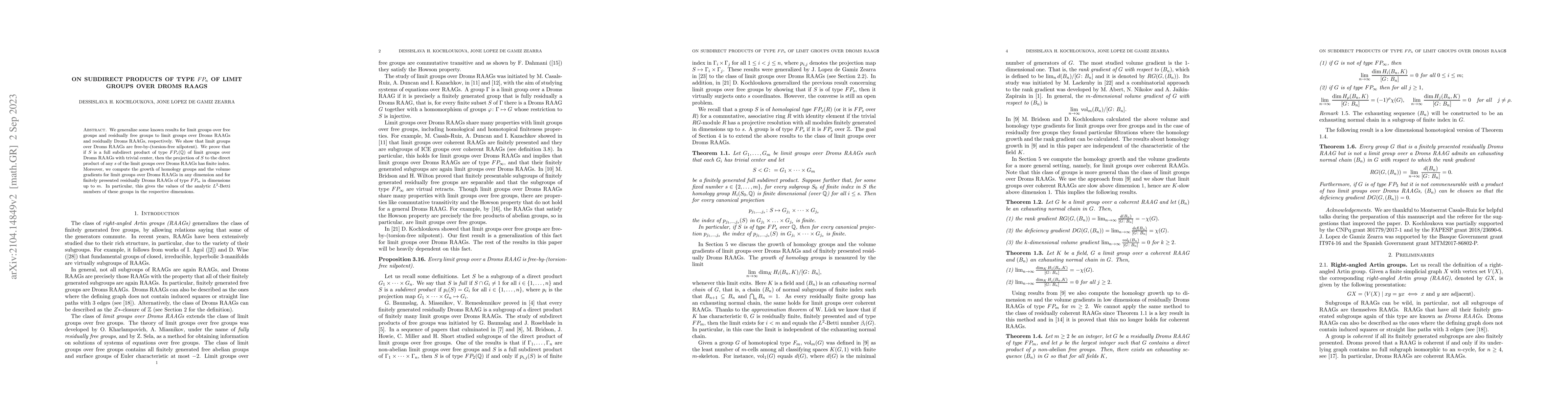 Thumbnail for On subdirect products of type $FP_n$ of limit groups over Droms RAAGs