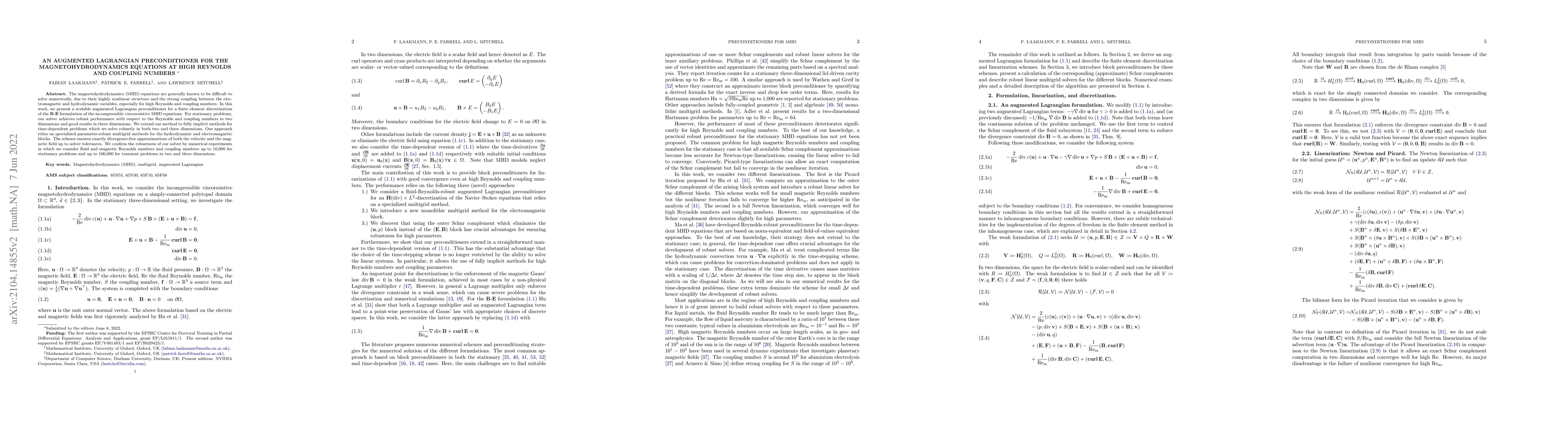 Thumbnail for An augmented Lagrangian preconditioner for the magnetohydrodynamics
  equations at high Reynolds and coupling numbers