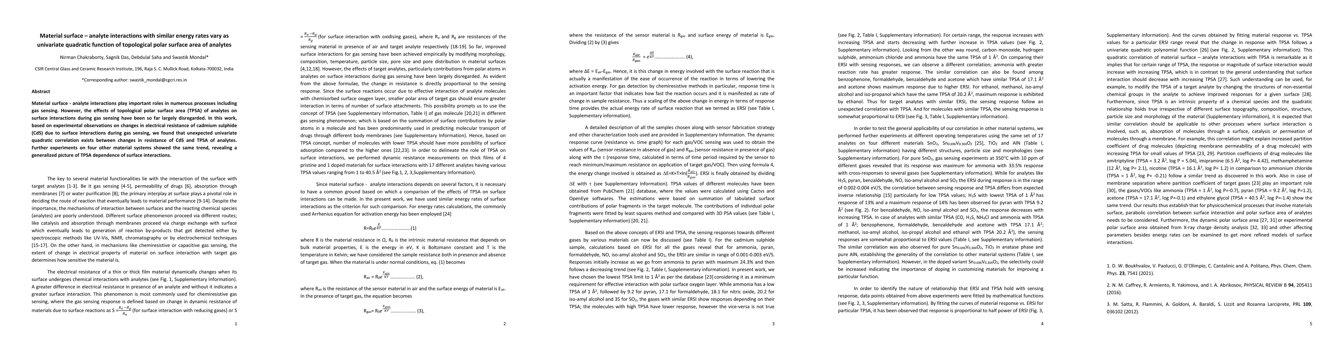 Thumbnail for Material surface -- analyte interactions with similar energy rates vary
  as univariate quadratic function of topological polar surface area of
  analytes