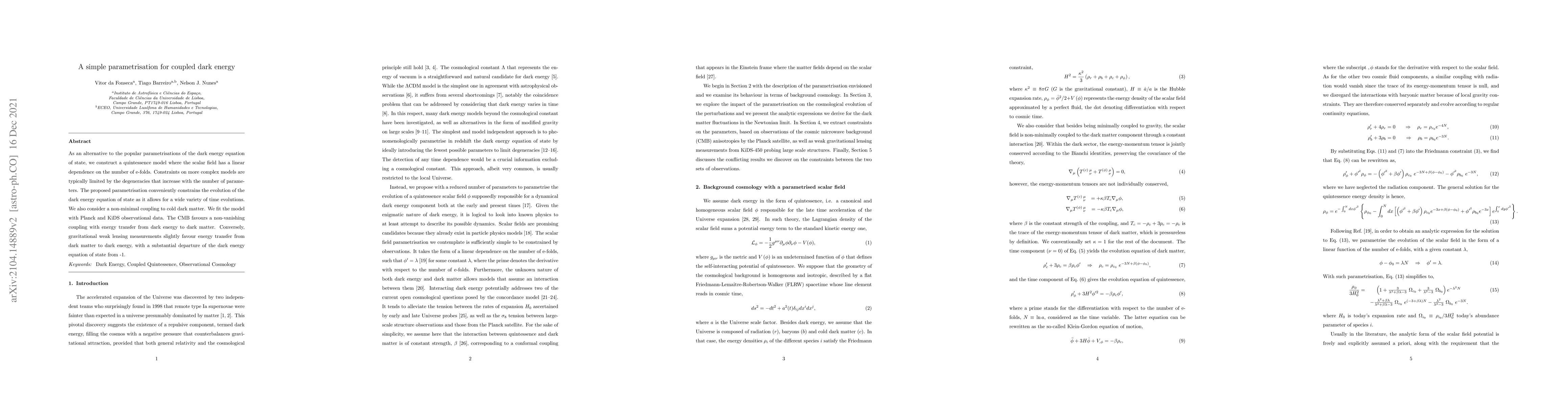Thumbnail for A simple parametrisation for coupled dark energy