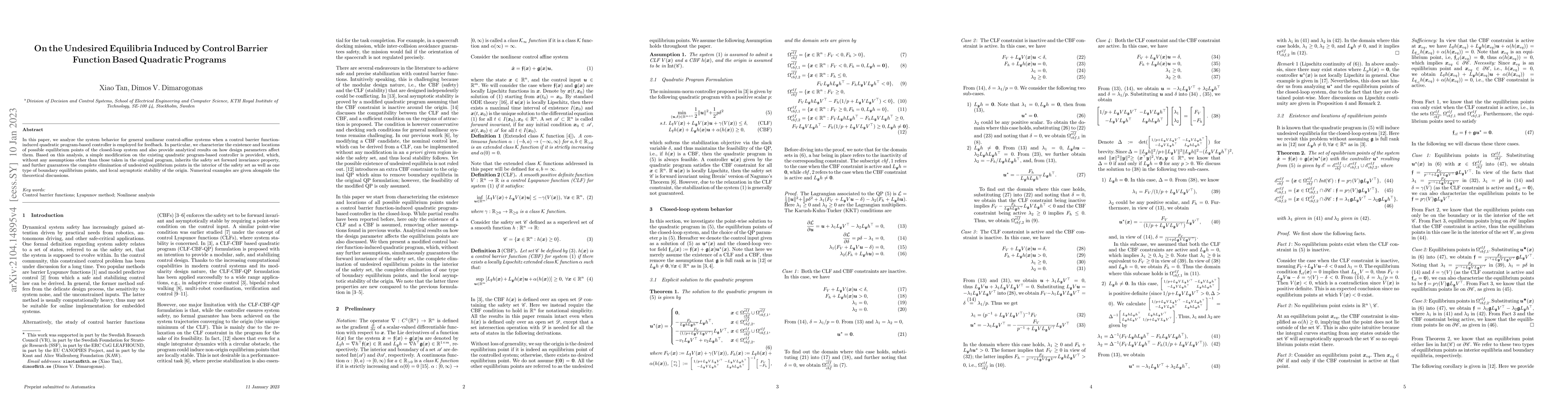 Thumbnail for On the Undesired Equilibria Induced by Control Barrier Function Based
  Quadratic Programs