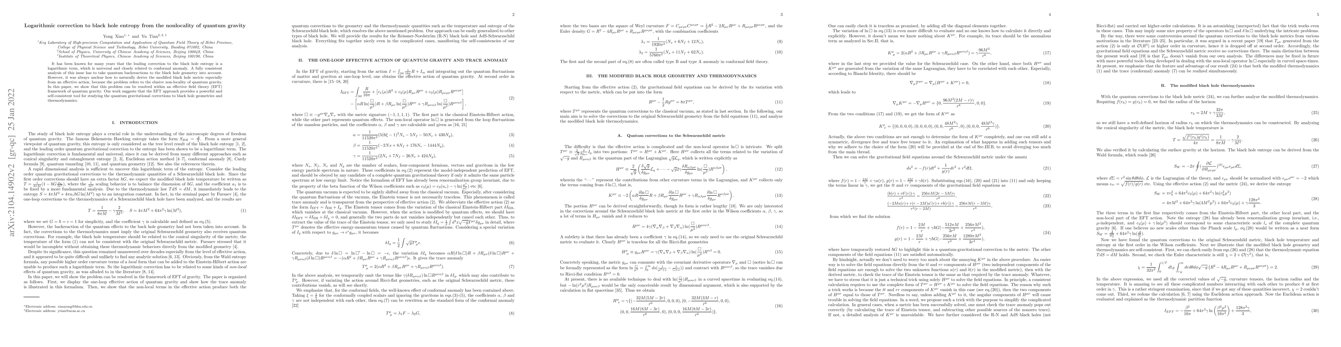 Thumbnail for Logarithmic correction to black hole entropy from the nonlocality of
  quantum gravity
