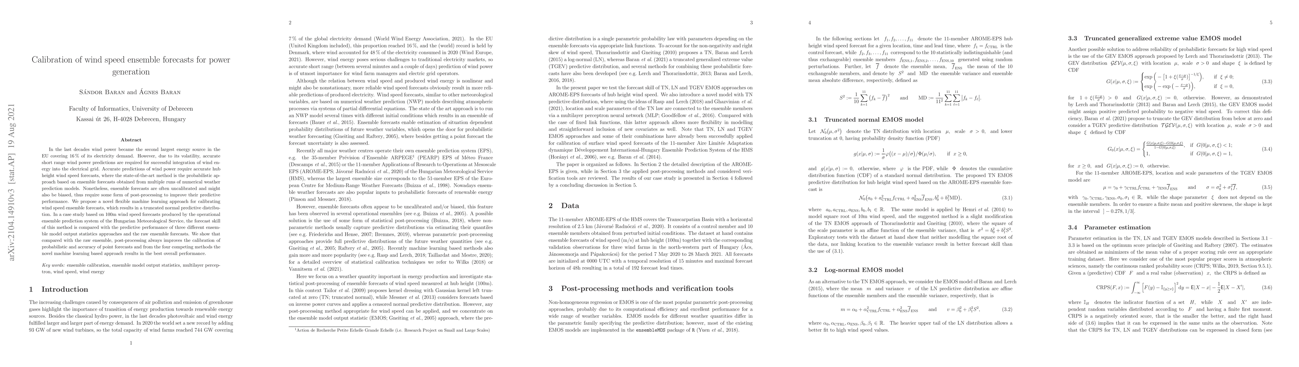 Thumbnail for Calibration of wind speed ensemble forecasts for power generation