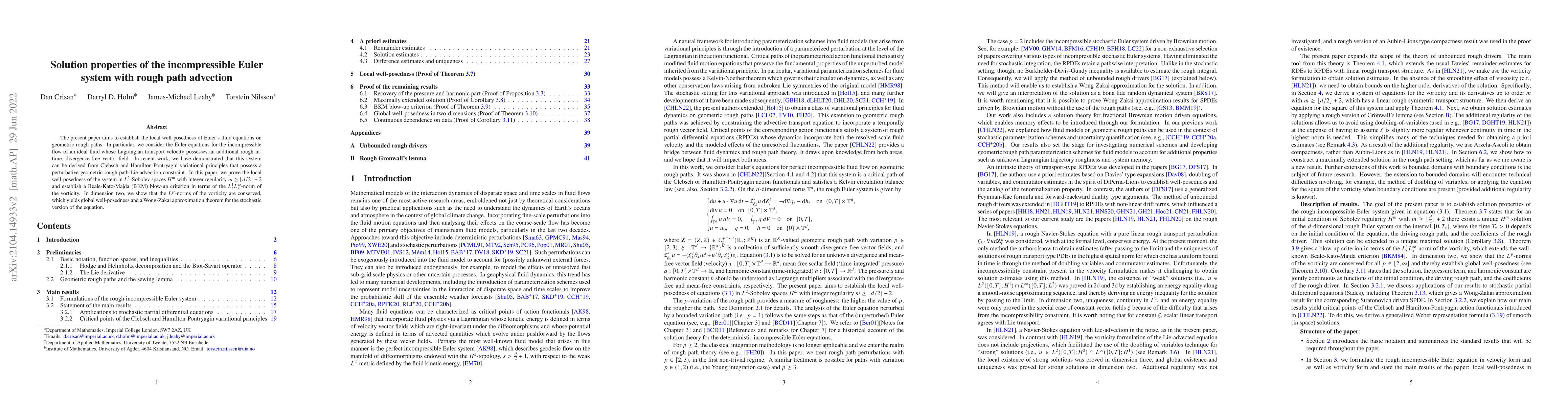 Thumbnail for Solution properties of the incompressible Euler system with rough path
  advection