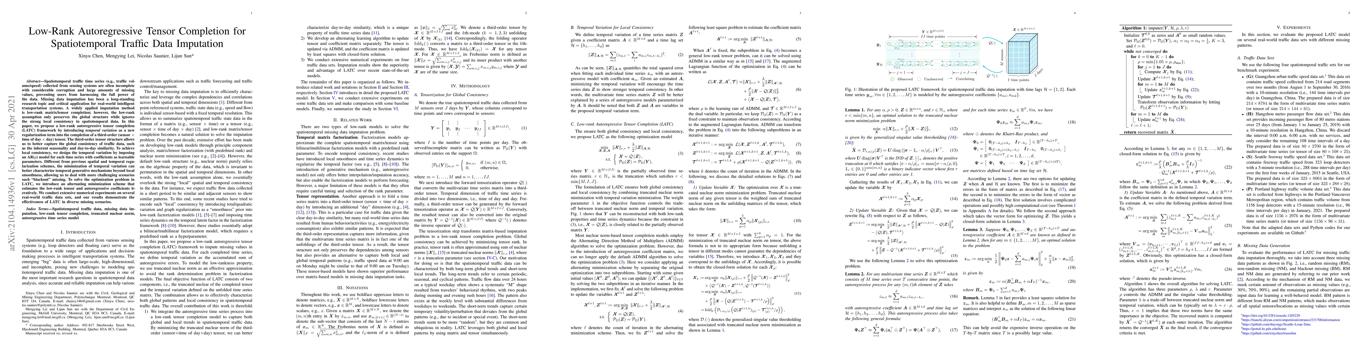 Thumbnail for Low-Rank Autoregressive Tensor Completion for Spatiotemporal Traffic
  Data Imputation
