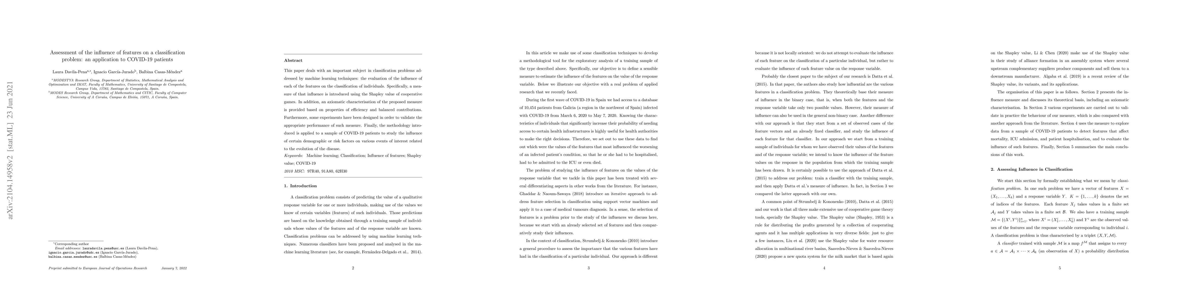 Thumbnail for Assessment of the influence of features on a classification problem: an
  application to COVID-19 patients