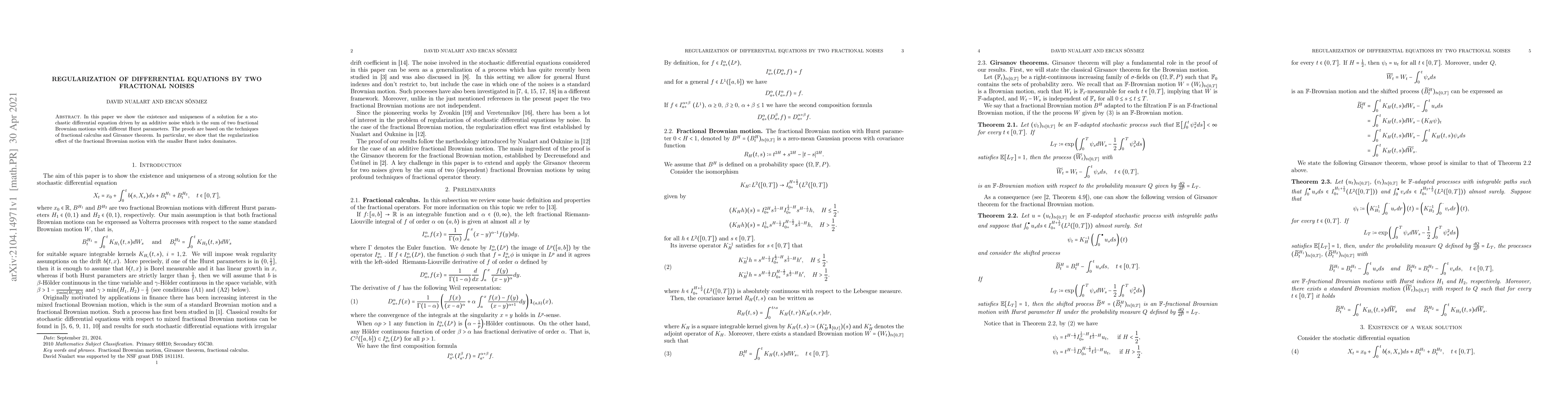 Thumbnail for Regularization of differential equations by two fractional noises