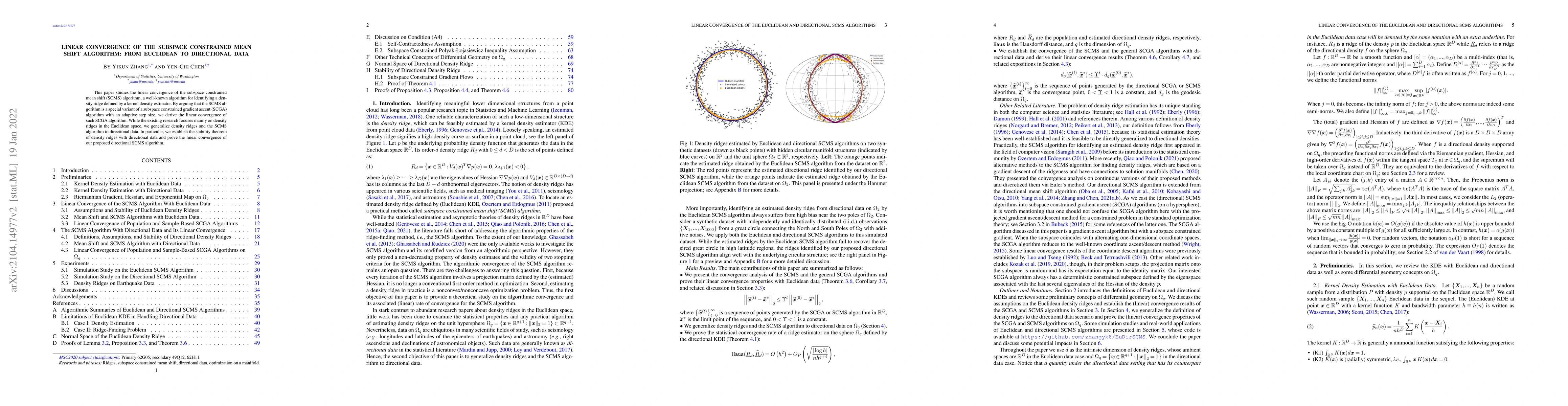 Thumbnail for Linear Convergence of the Subspace Constrained Mean Shift Algorithm:
  From Euclidean to Directional Data