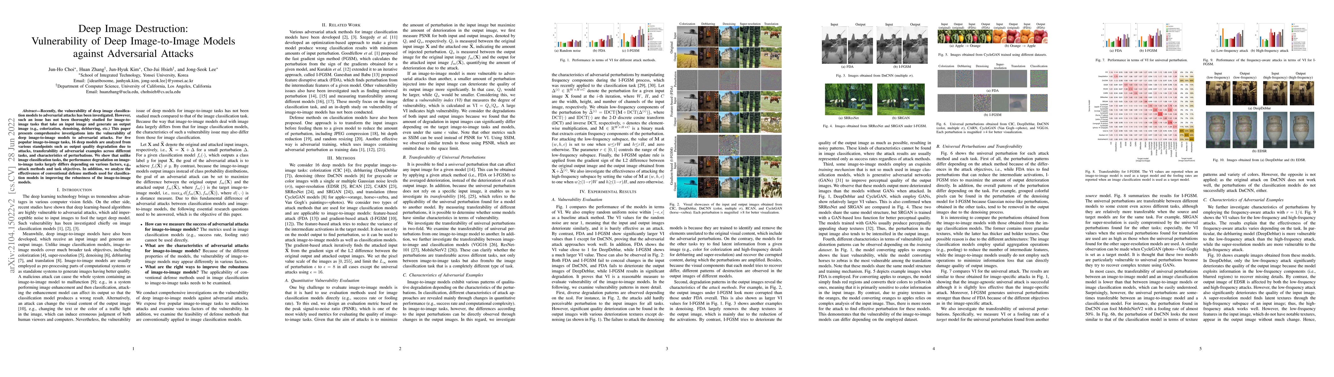 Thumbnail for Deep Image Destruction: Vulnerability of Deep Image-to-Image Models
  against Adversarial Attacks