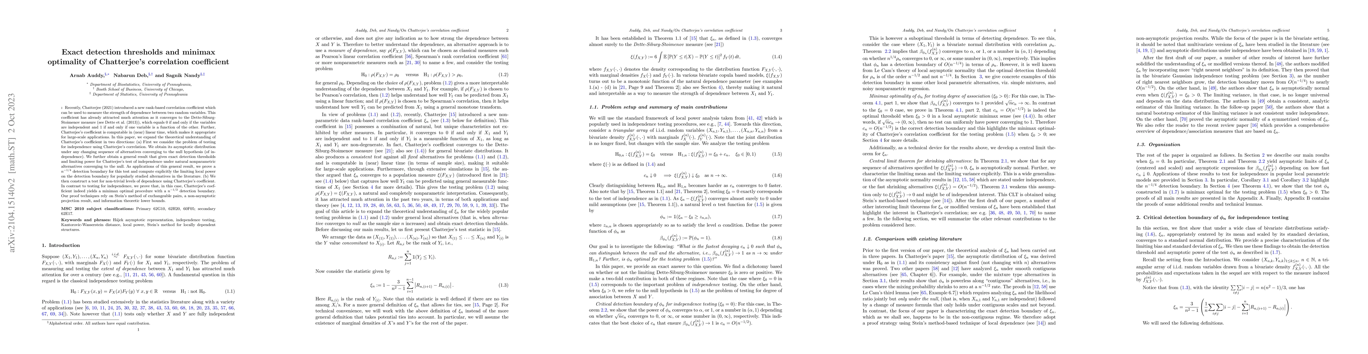 Thumbnail for Exact Detection Thresholds and Minimax Optimality of Chatterjee's
  Correlation Coefficient