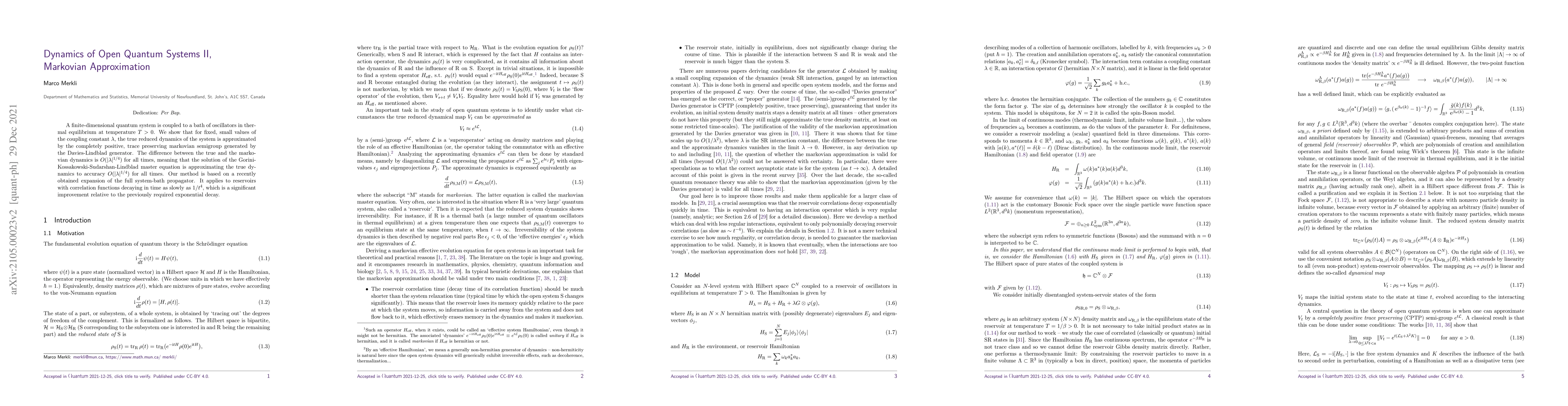 Thumbnail for Dynamics of Open Quantum Systems II, Markovian Approximation