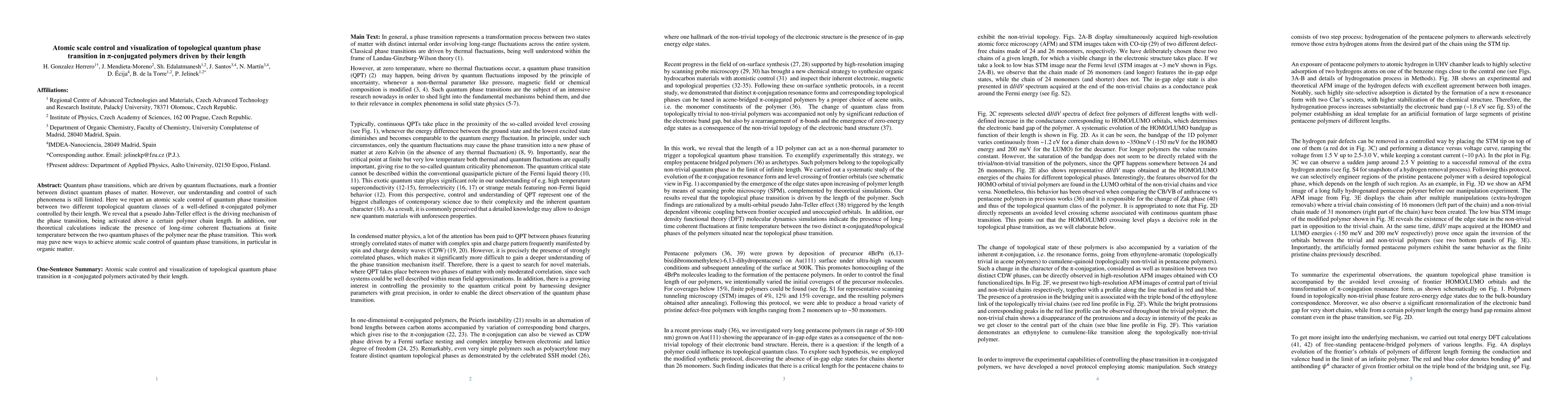 Thumbnail for Atomic scale control and visualization of topological quantum phase
  transition in {\pi}-conjugated polymers driven by their length