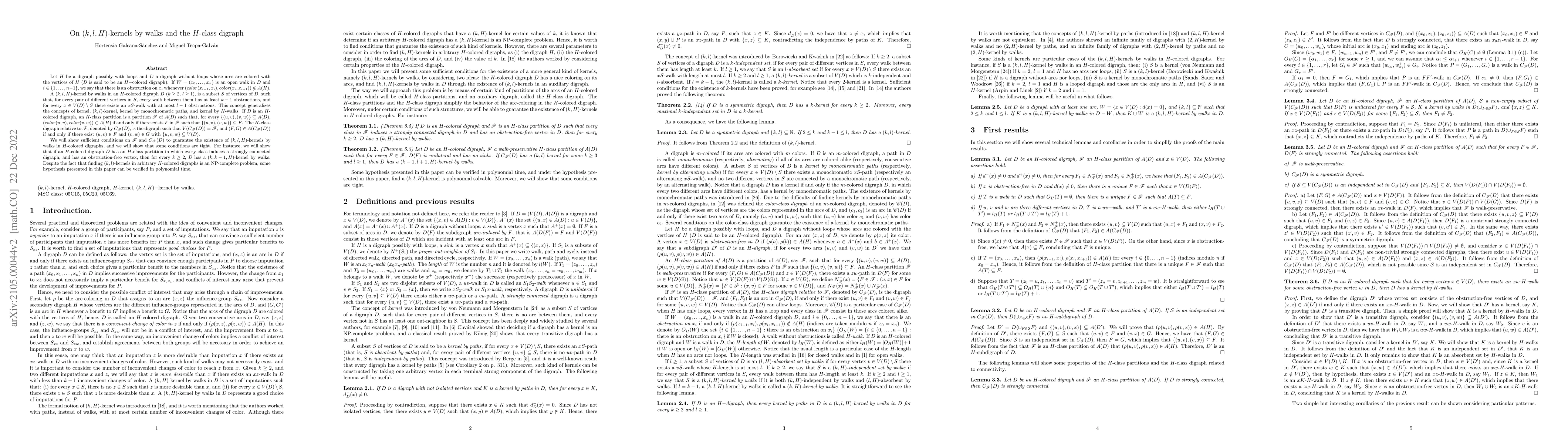 Thumbnail for On $(k,l,H)$-kernels by walks and the H-class digraph