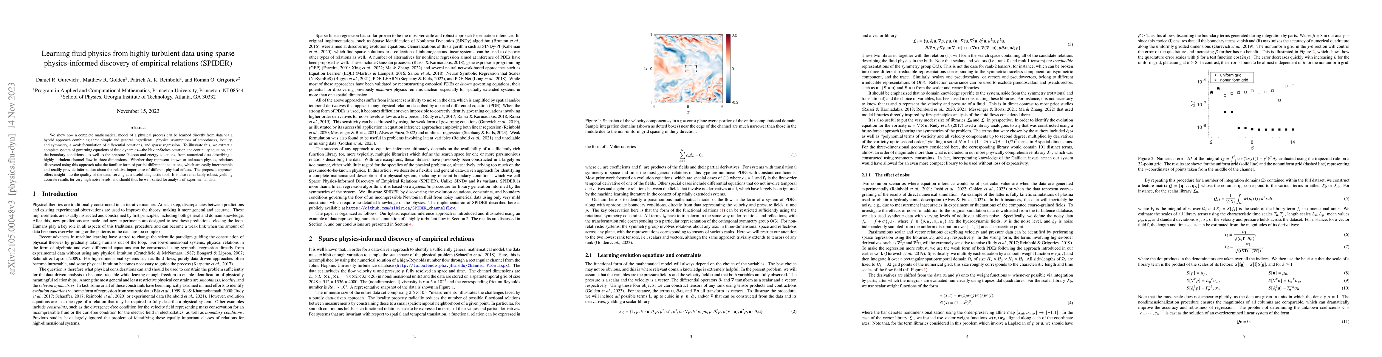 Thumbnail for Learning fluid physics from highly turbulent data using sparse
  physics-informed discovery of empirical relations (SPIDER)