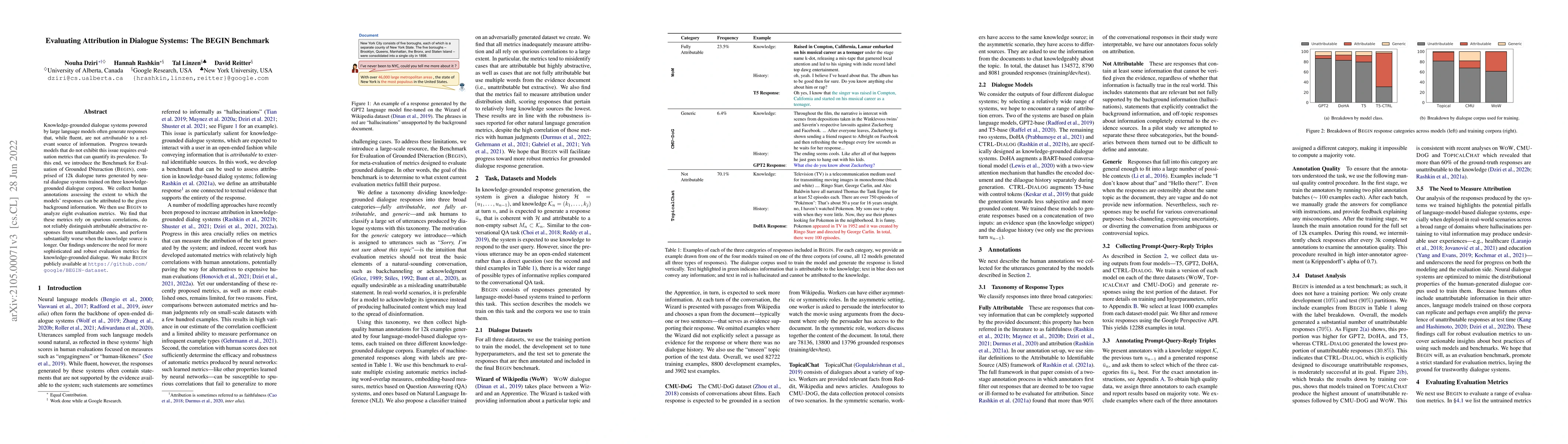 Thumbnail for Evaluating Attribution in Dialogue Systems: The BEGIN Benchmark