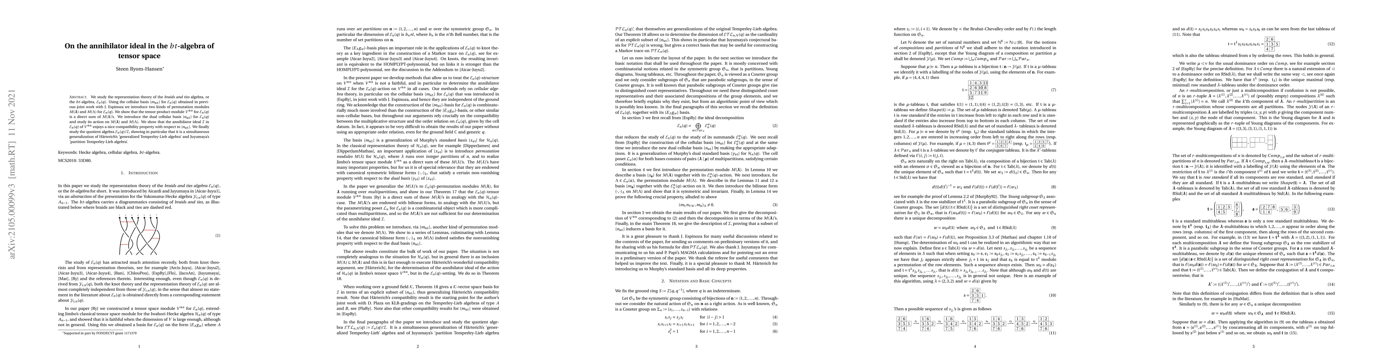 Thumbnail for On the annihilator ideal in the $bt$-algebra of tensor space