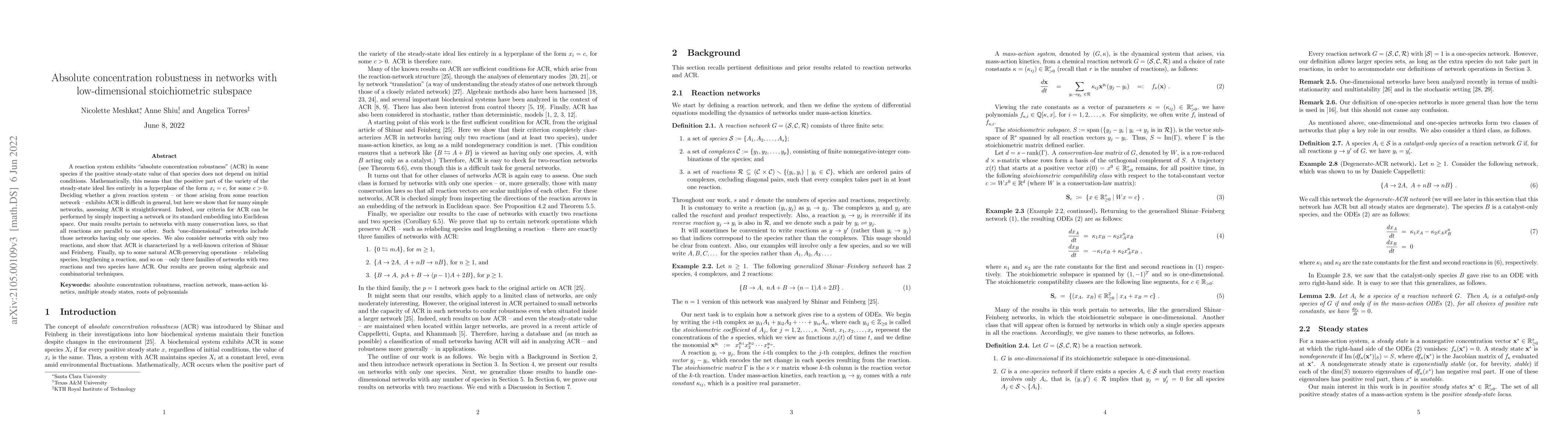 Thumbnail for Absolute concentration robustness in networks with low-dimensional
  stoichiometric subspace