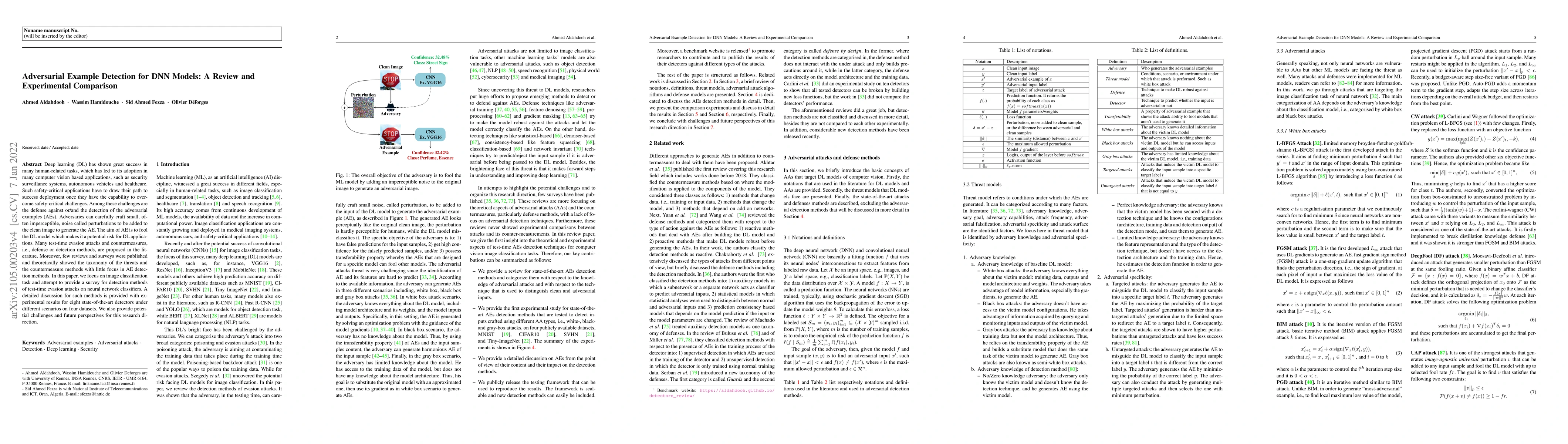 Thumbnail for Adversarial Example Detection for DNN Models: A Review and Experimental
  Comparison