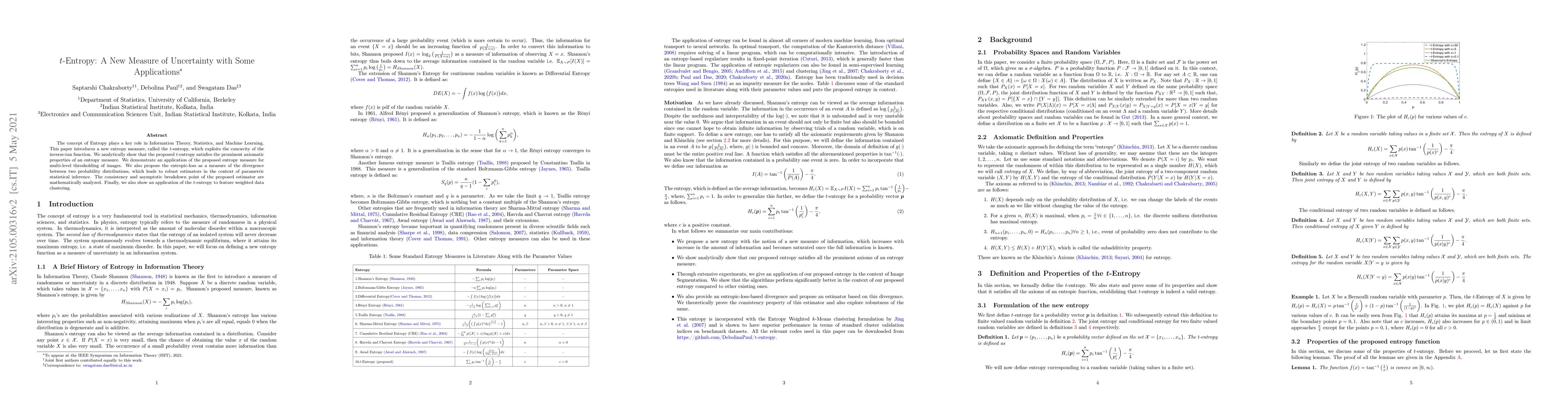 Thumbnail for t-Entropy: A New Measure of Uncertainty with Some Applications