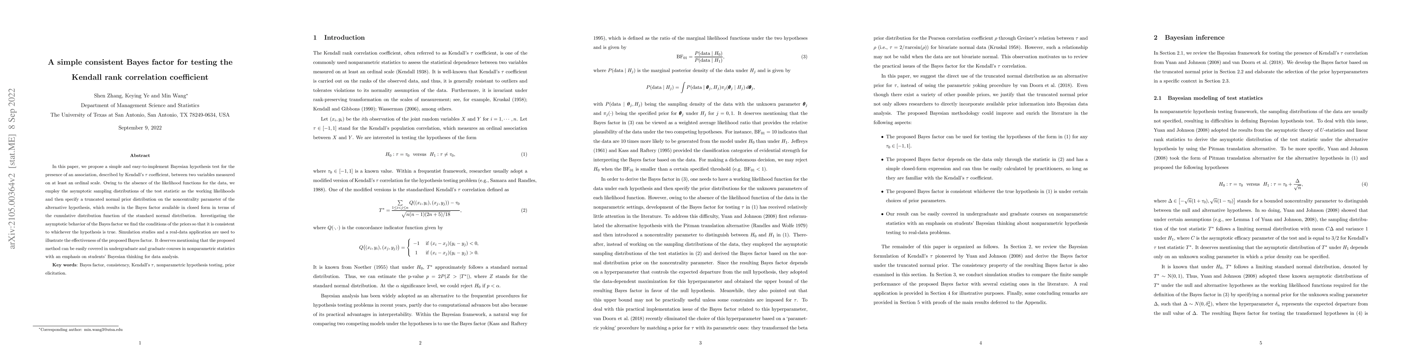 Thumbnail for A simple consistent Bayes factor for testing the Kendall rank
  correlation coefficient