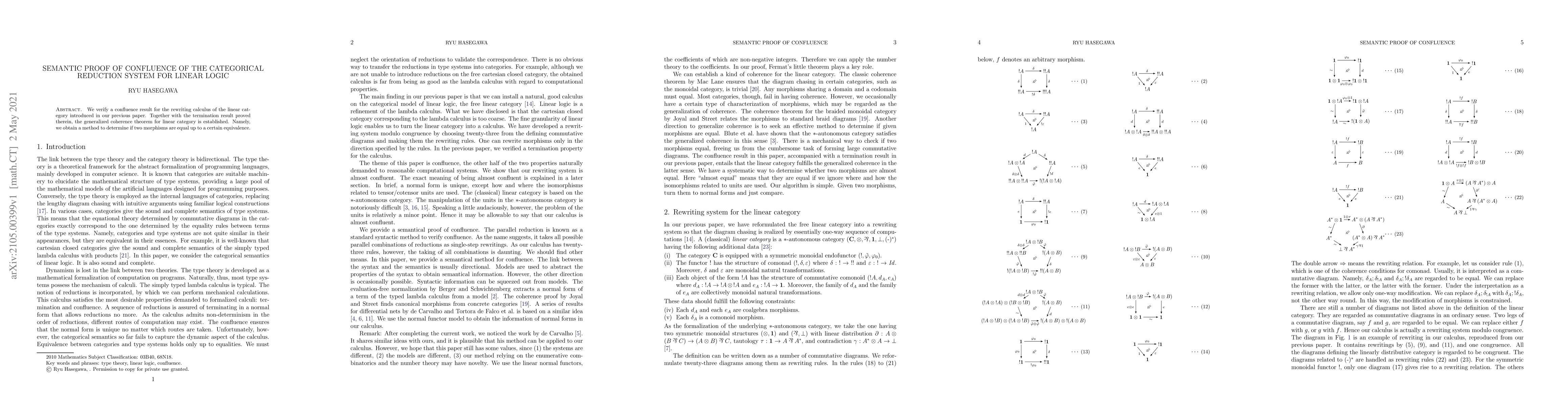 Thumbnail for Semantic Proof of Confluence of the Categorical Reduction System for
  Linear Logic