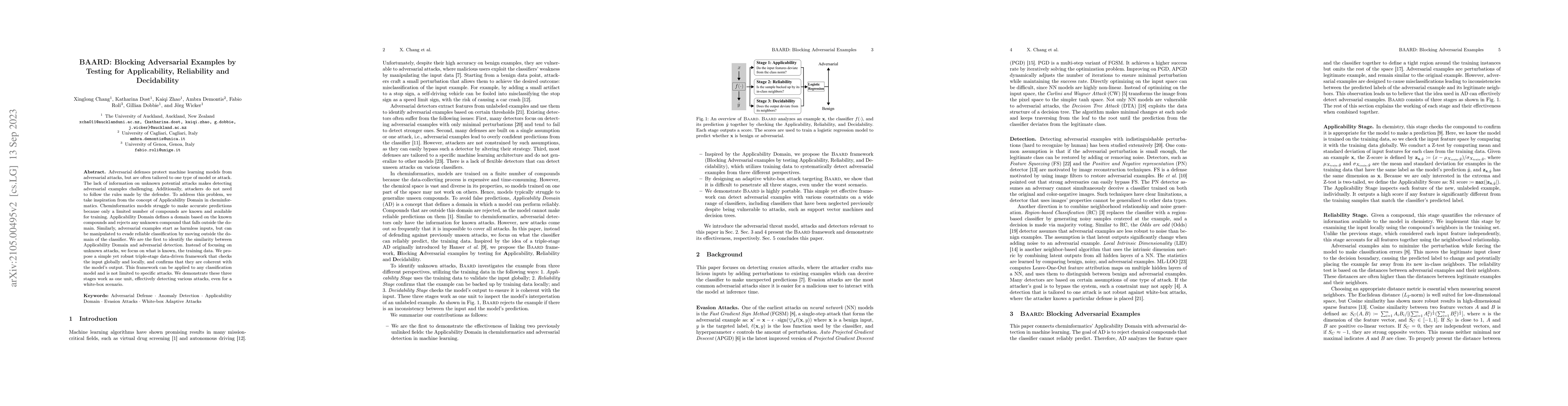 Thumbnail for BAARD: Blocking Adversarial Examples by Testing for Applicability,
  Reliability and Decidability