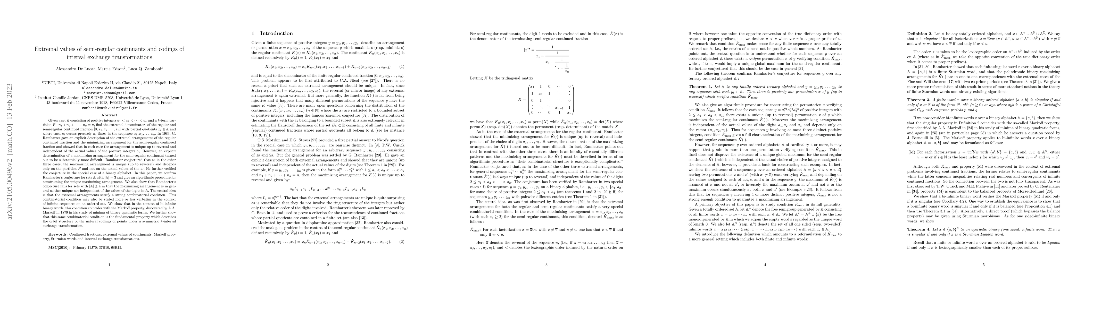 Thumbnail for Extremal values of semi-regular continuants and codings of interval
  exchange transformations