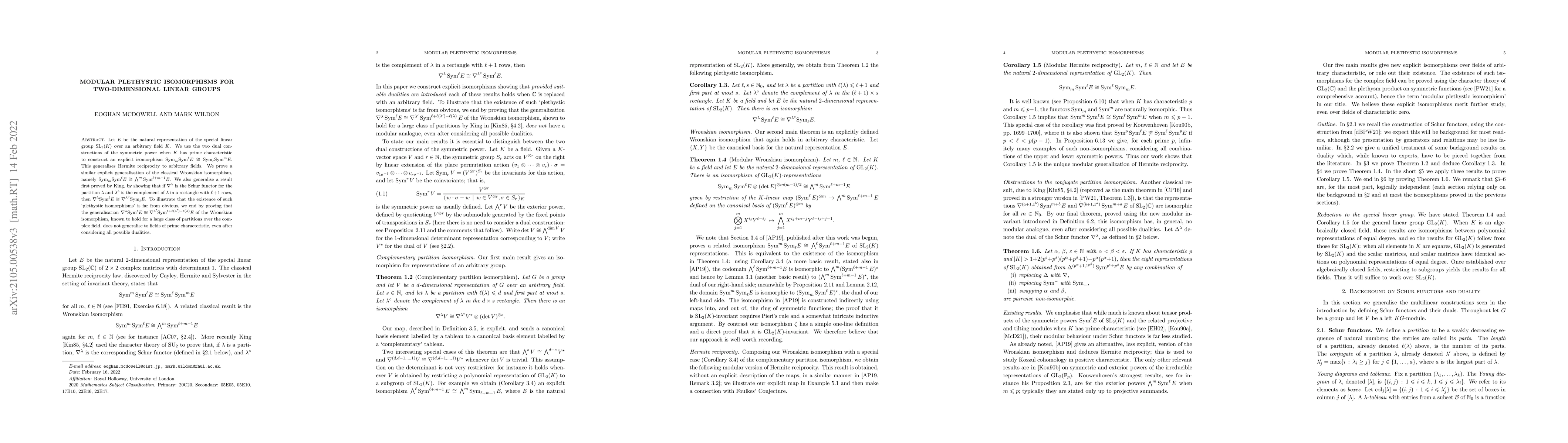 Thumbnail for Modular plethystic isomorphisms for two-dimensional linear groups