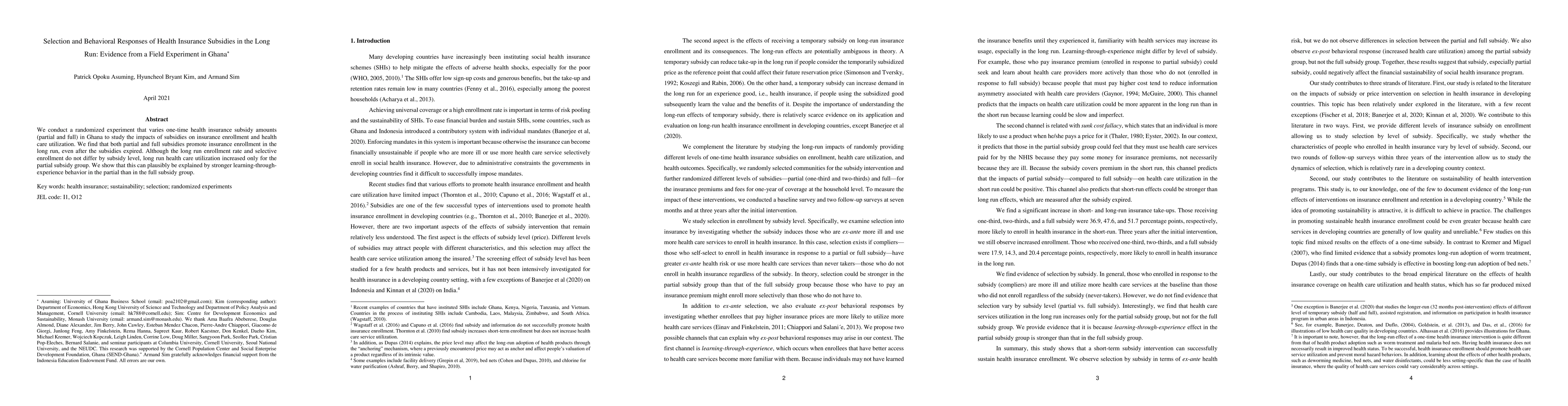 Thumbnail for Selection and Behavioral Responses of Health Insurance Subsidies in the
  Long Run: Evidence from a Field Experiment in Ghana