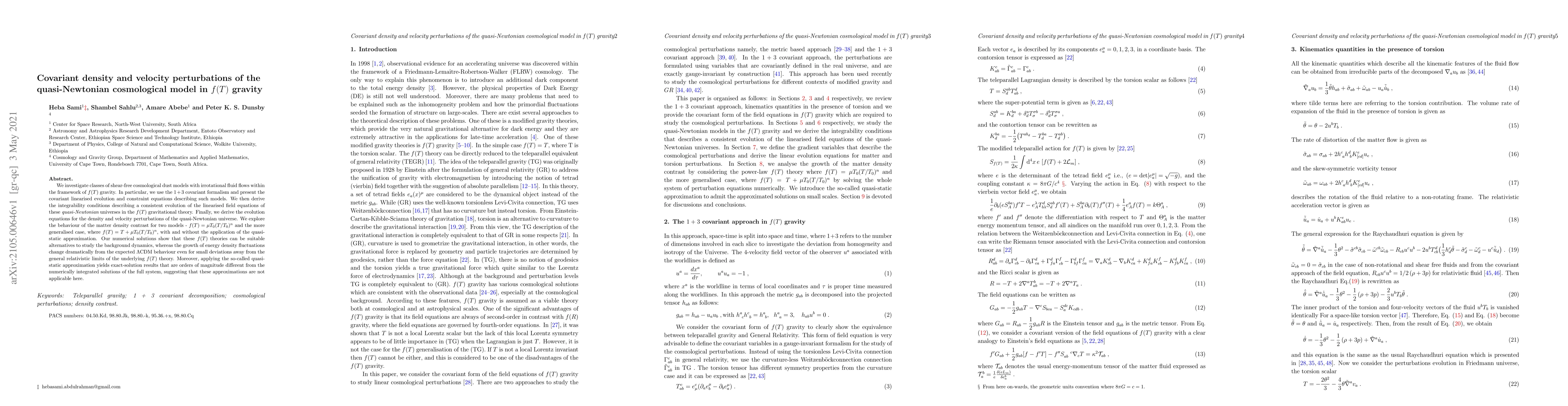 Thumbnail for Covariant density and velocity perturbations of the quasi-Newtonian
  cosmological model in $f(T)$ gravity