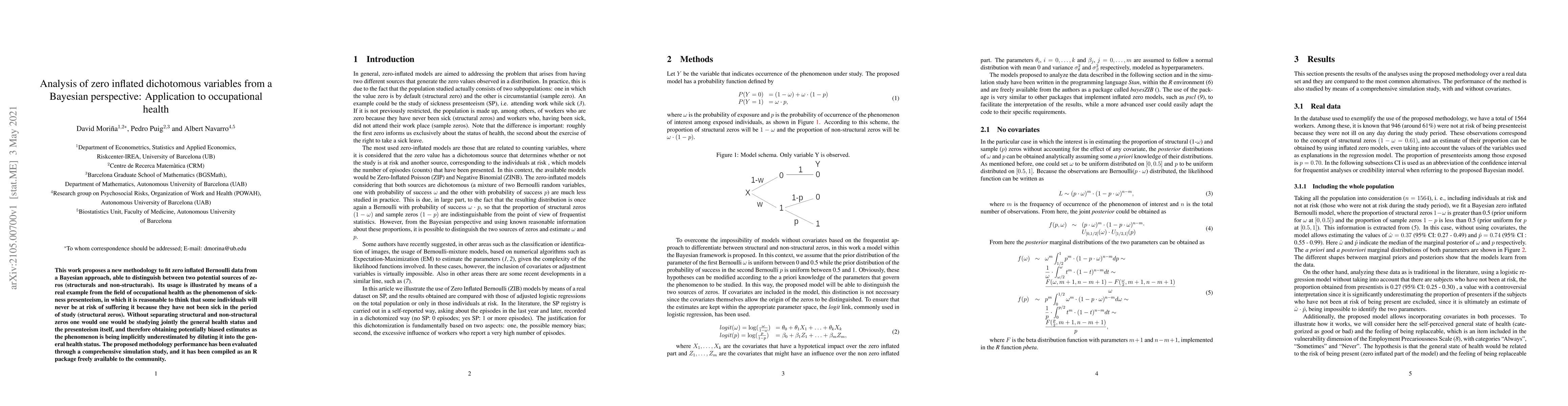 Thumbnail for Analysis of zero inflated dichotomous variables from a Bayesian
  perspective: Application to occupational health