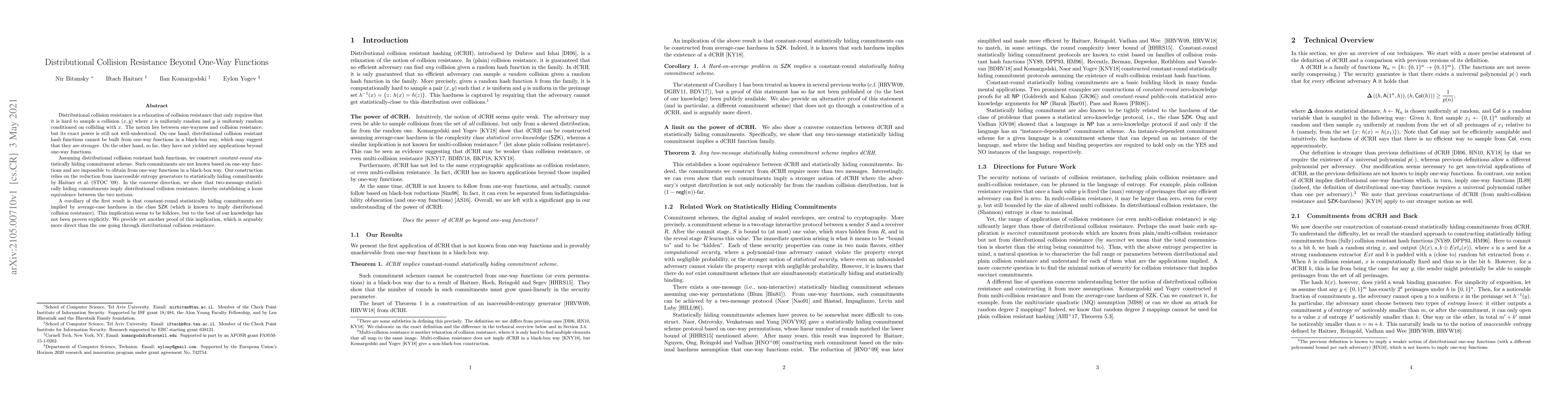 Thumbnail for Distributional Collision Resistance Beyond One-Way Functions