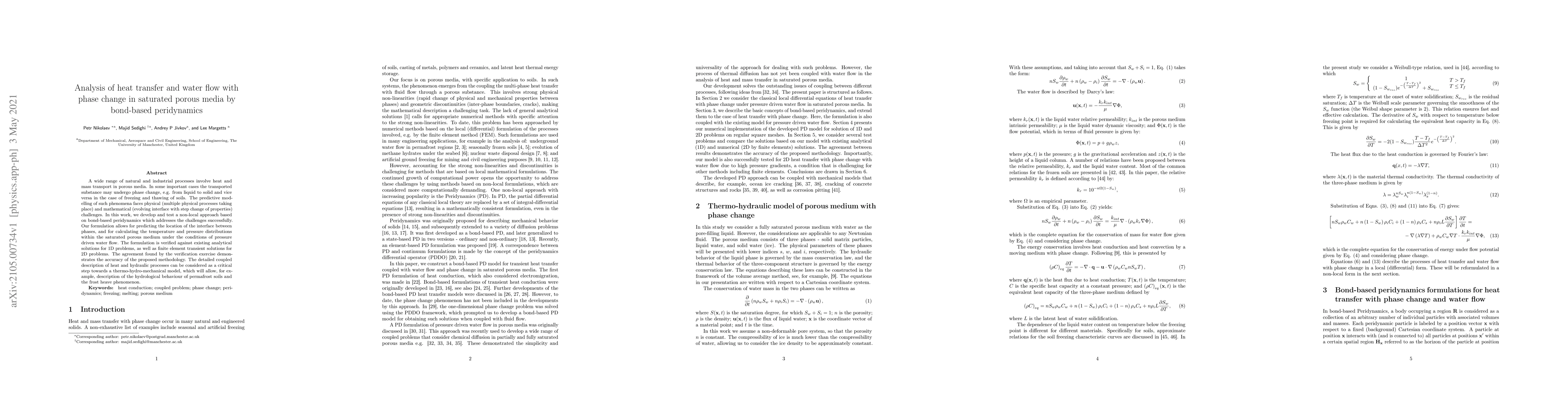 Thumbnail for Analysis of heat transfer and water flow with phase change in saturated
  porous media by bond-based peridynamics