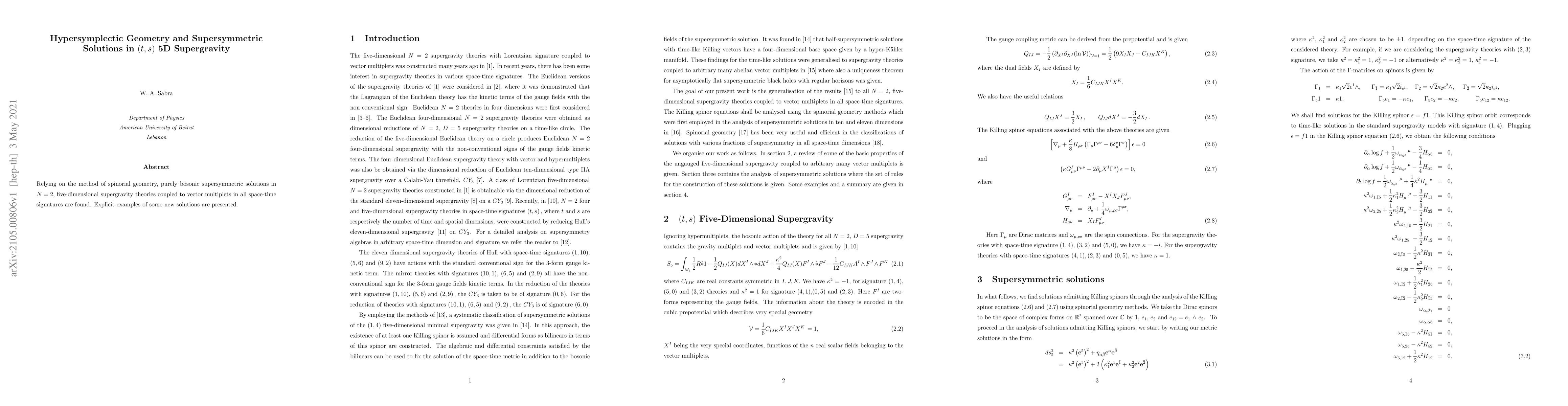 Thumbnail for Hypersymplectic Geometry and Supersymmetric Solutions in (t,s) 5D
  Supergravity