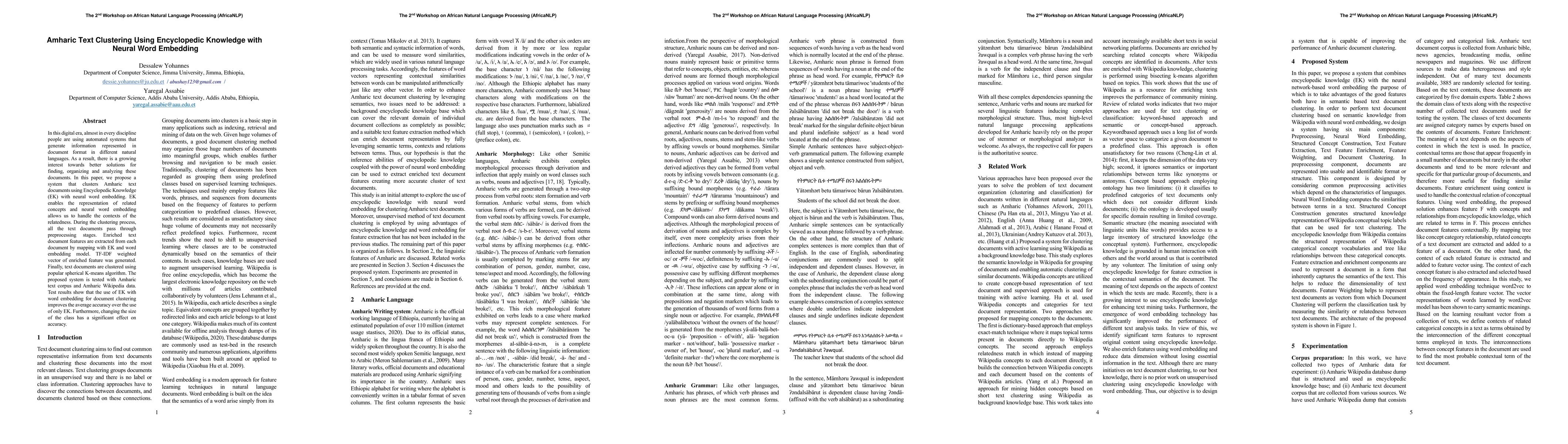 Thumbnail for Amharic Text Clustering Using Encyclopedic Knowledge with Neural Word
  Embedding