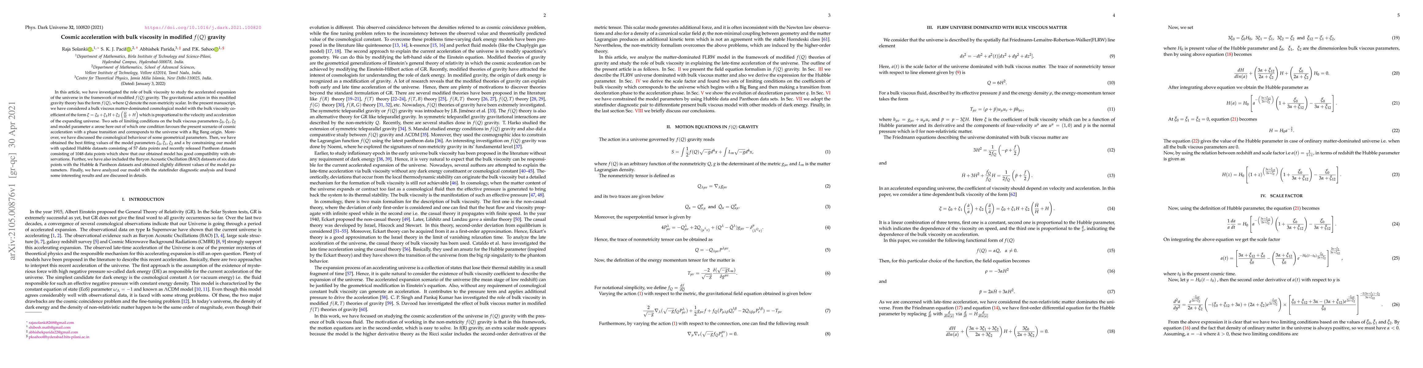 Thumbnail for Cosmic acceleration with bulk viscosity in modified $f(Q)$ gravity