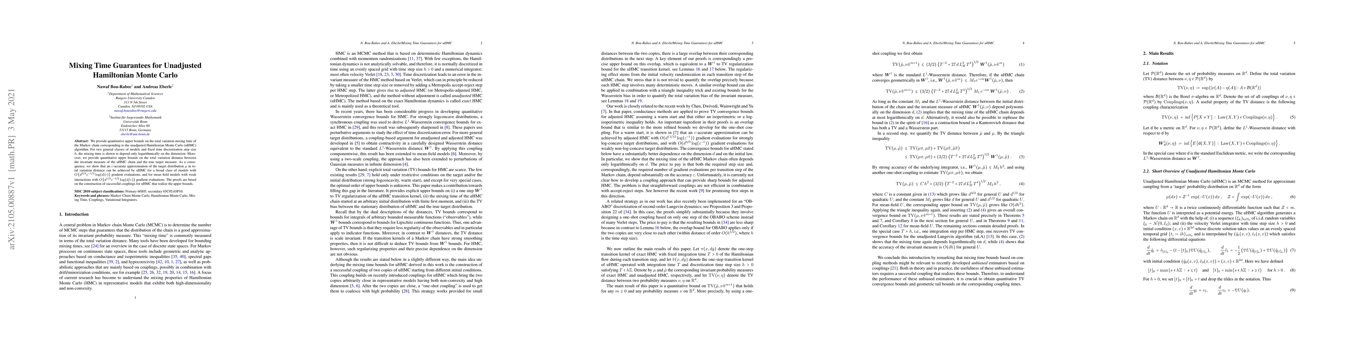 Thumbnail for Mixing Time Guarantees for Unadjusted Hamiltonian Monte Carlo