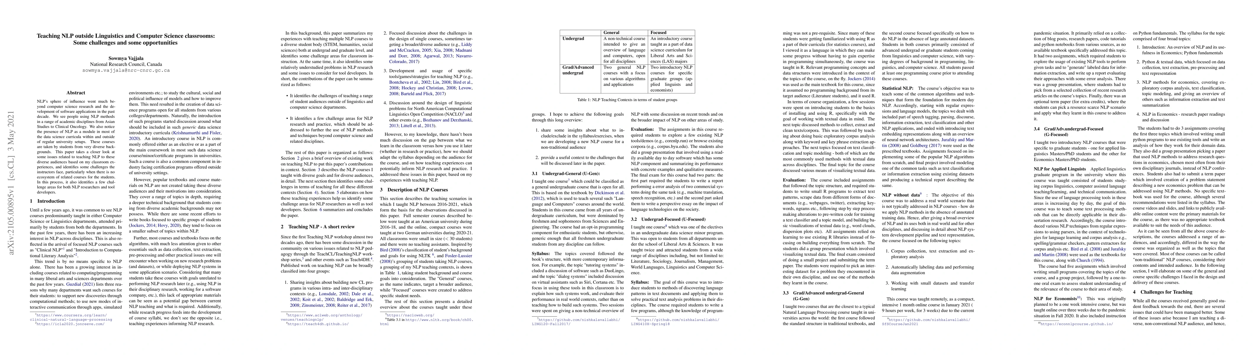 Thumbnail for Teaching NLP outside Linguistics and Computer Science classrooms: Some
  challenges and some opportunities