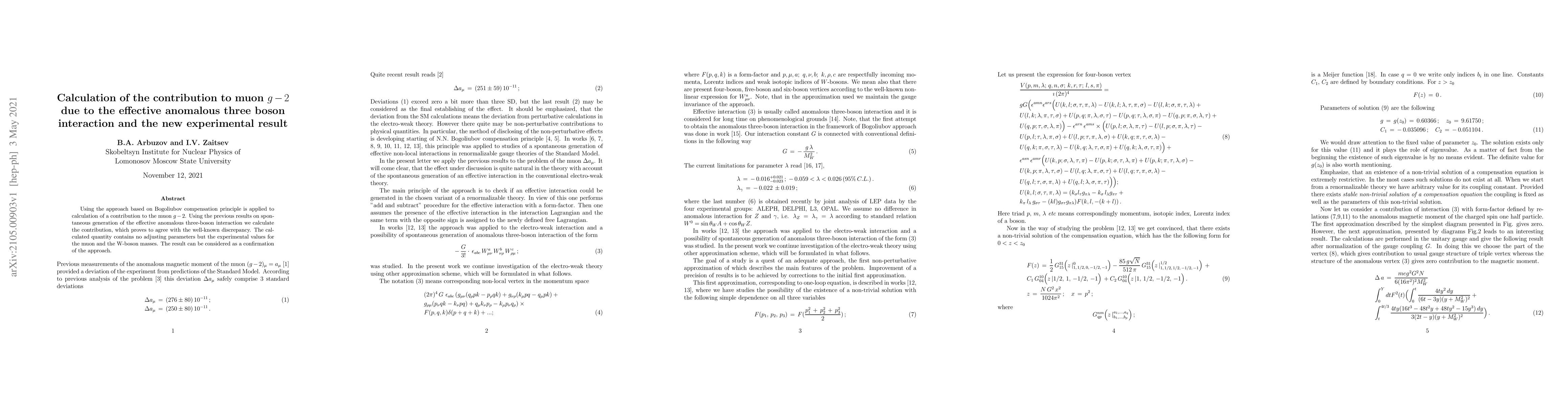 Thumbnail for Calculation of the contribution to muon $g-2$ due to the effective
  anomalous three boson interaction and the new experimental result