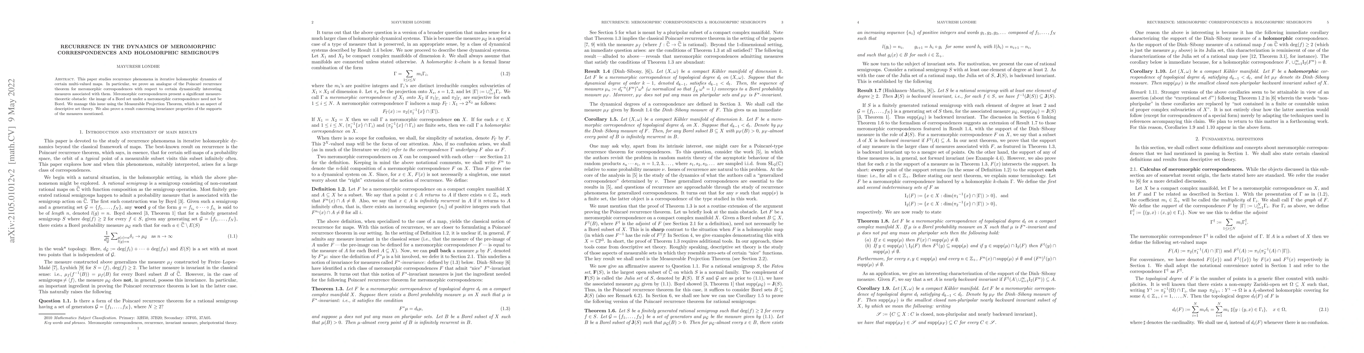 Thumbnail for Recurrence in the dynamics of meromorphic correspondences and
  holomorphic semigroups