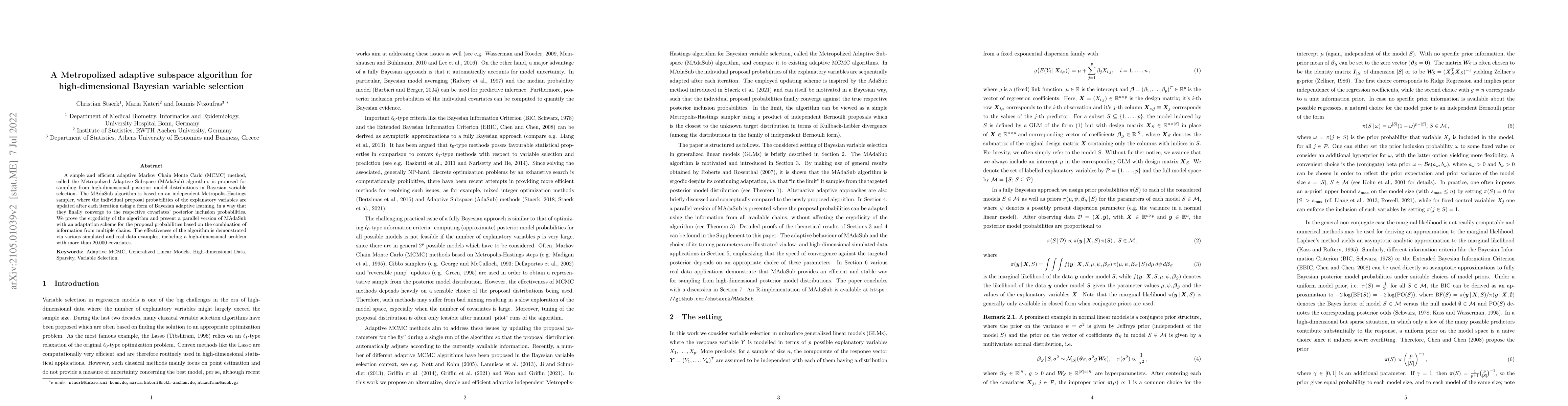 Thumbnail for A Metropolized adaptive subspace algorithm for high-dimensional Bayesian
  variable selection