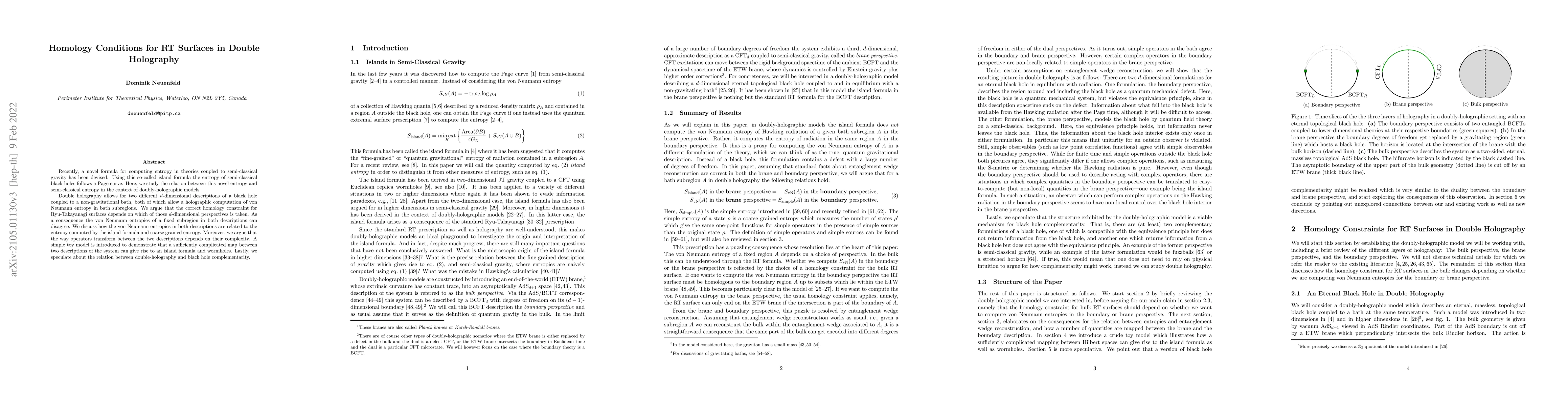 Thumbnail for Homology Conditions for RT Surfaces in Double Holography