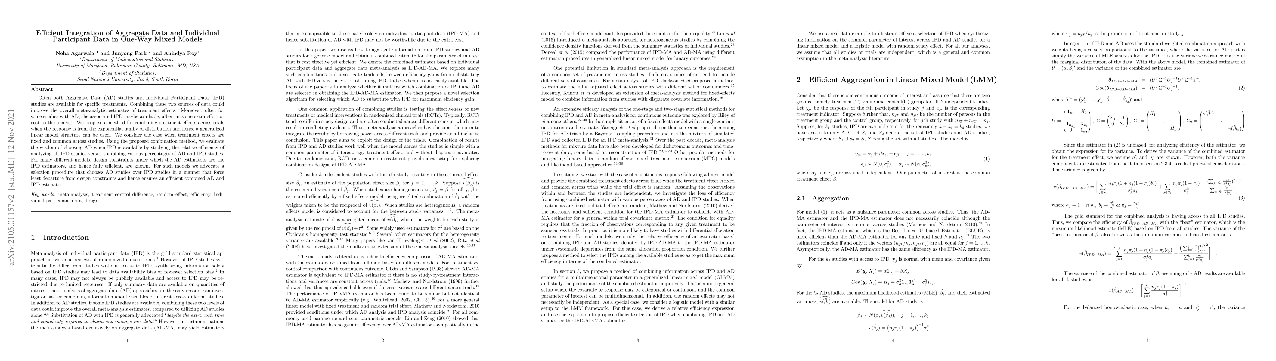 Thumbnail for Efficient Integration of Aggregate Data and Individual Patient Data in
  One-Way Mixed Models