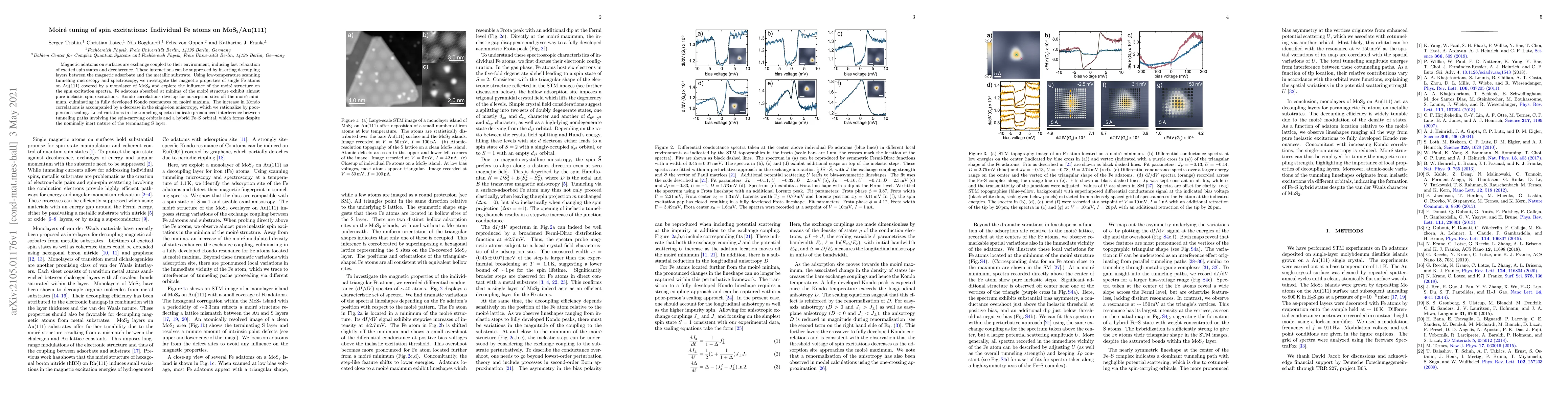 Thumbnail for Moir\'e tuning of spin excitations: Individual Fe atoms on
  MoS$_2$/Au(111)