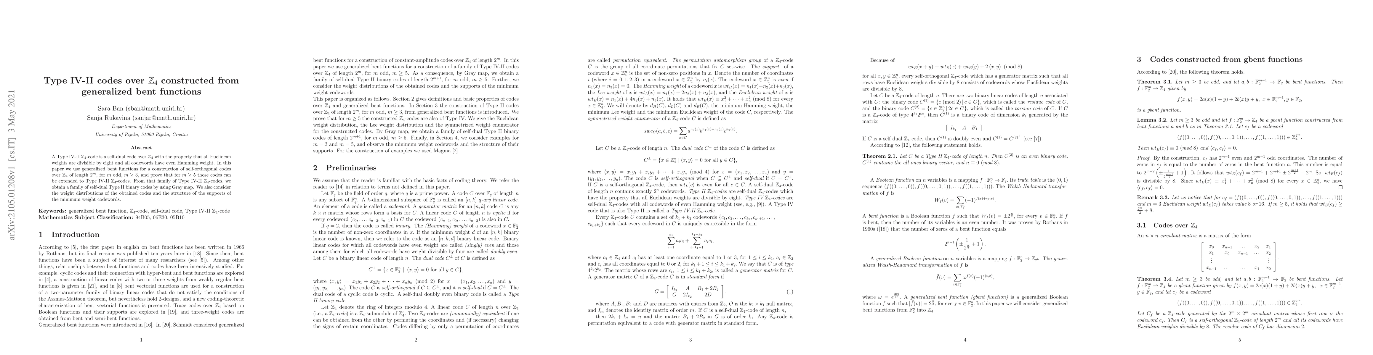 Thumbnail for Type IV-II codes over Z4 constructed from generalized bent functions