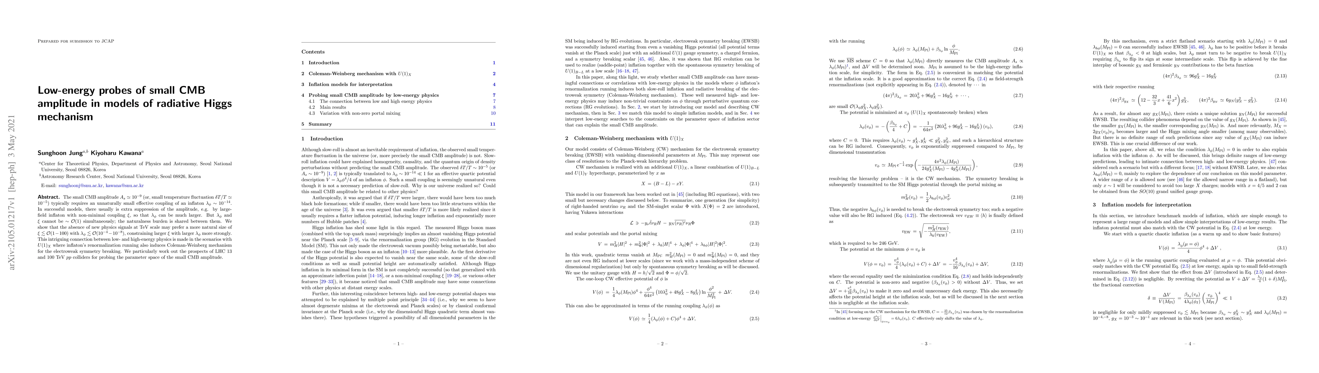 Thumbnail for Low-energy probes of small CMB amplitude in models of radiative Higgs
  mechanism