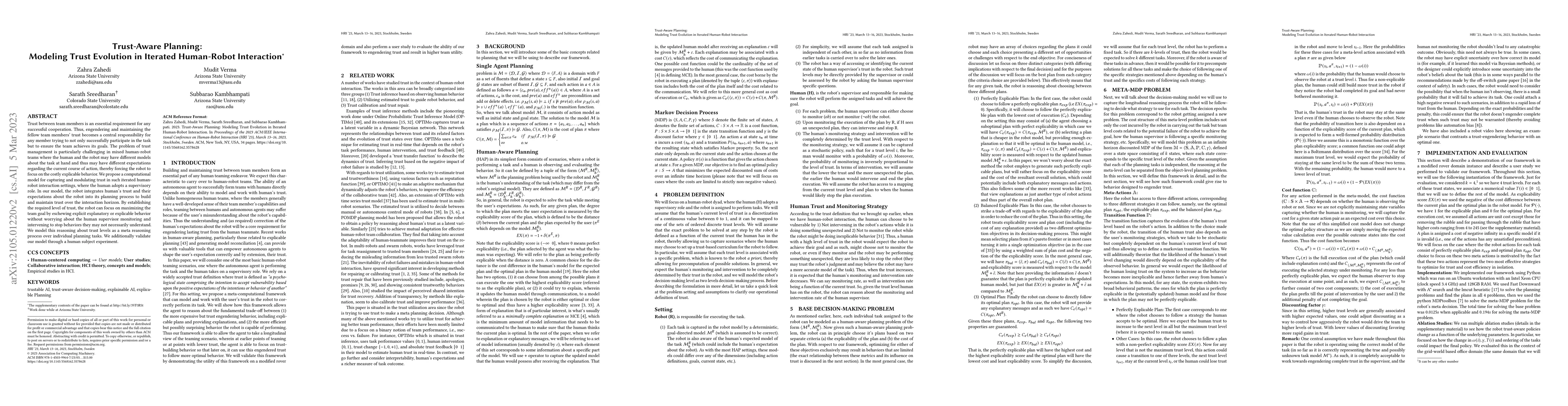 Thumbnail for Trust-Aware Planning: Modeling Trust Evolution in Iterated Human-Robot
  Interaction
