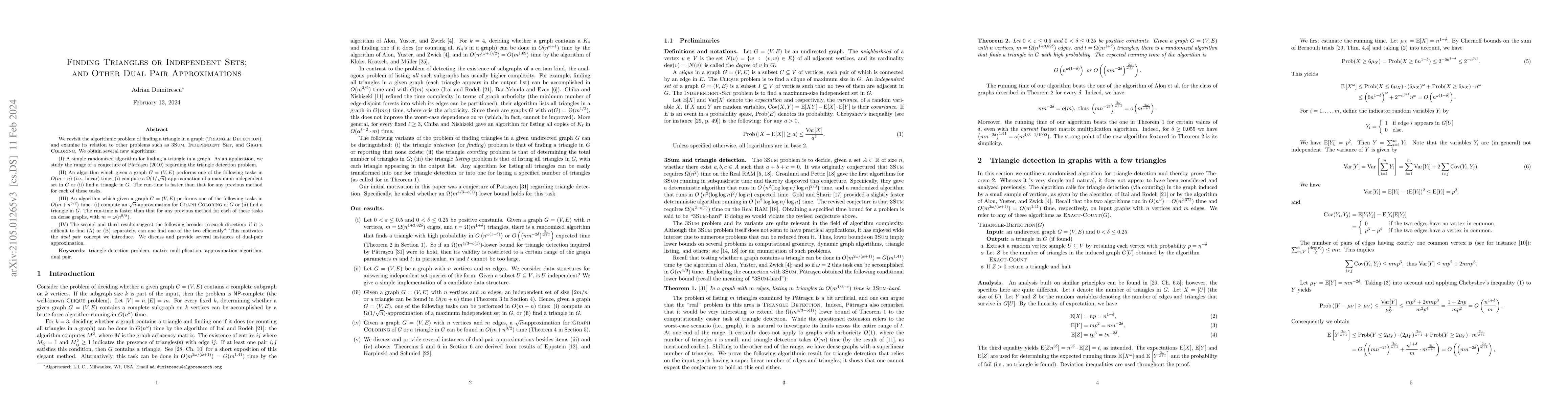 Thumbnail for Finding Triangles or Independent Sets; and Other Dual Pair
  Approximations