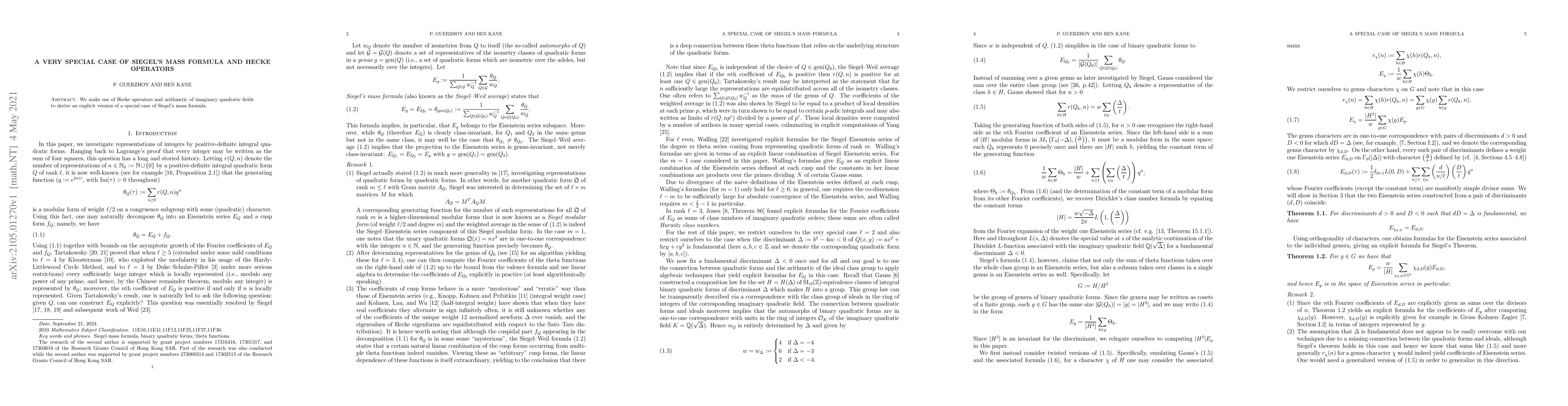 Thumbnail for A very special case of Siegel's mass formula and Hecke operators